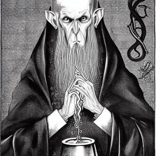 Nosferatu with tentacle beard grey skin and vampire fangs as a Russian Orthodox bishop