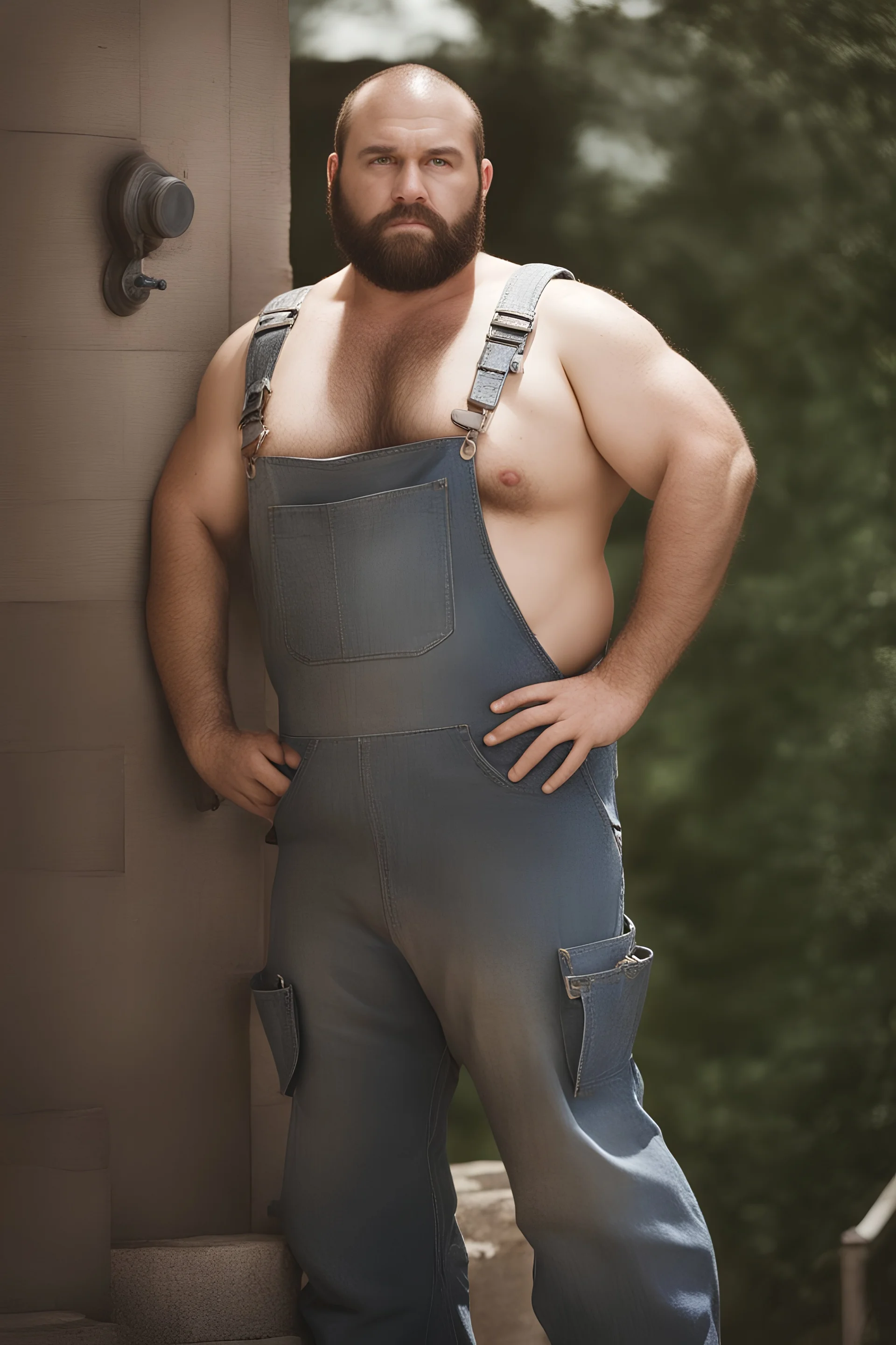 full figure photo, burly big chubby turk worker, dirty, ripped overalls, 33 years old, crossed arms, shaved, short beard, manly chest, very virile, hairy, manly arms, ugly, big thighs, under the shower, sunlight , photorealistic, 35mm lens, ultra detailed