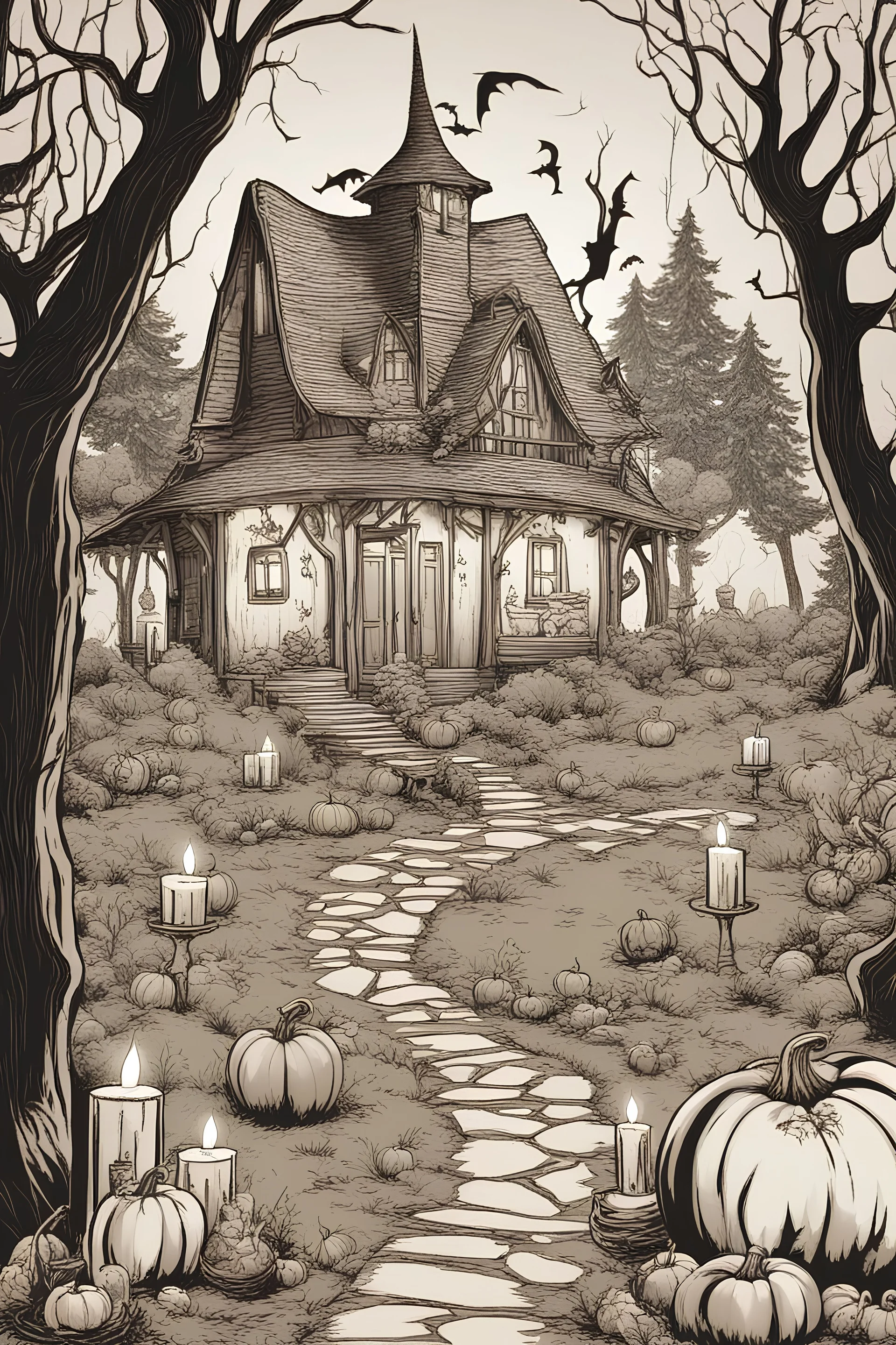 witch, Halloween atmosphere, curved pumpkins, candles, a forest with lights in the background