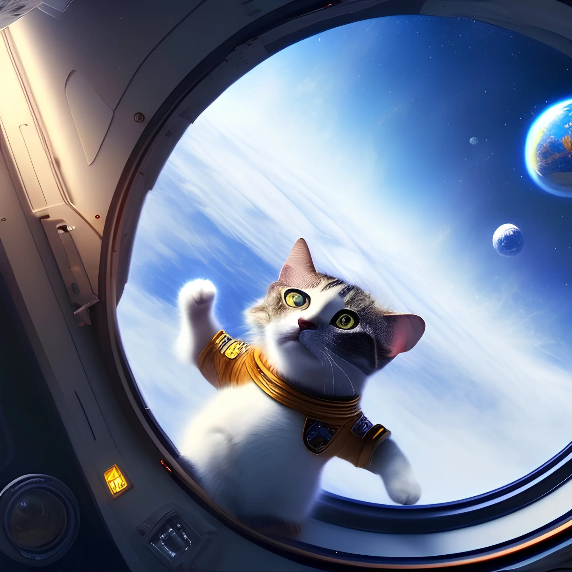 hyper-realistic flying astronaut in space surprised to see a cat inside spaceship window, 8k resolution, high-quality, fine-detail, detailed matte, intricate, 3D octane render, illustration, digital art, brian froud, howard lyon, anna dittman, greg rutowski,