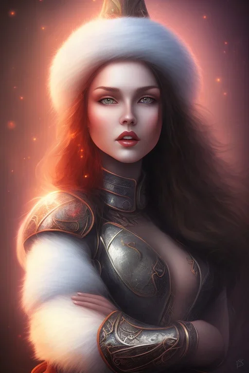 portrait lady warrior with black long hairs very big bobs and Christmas hat