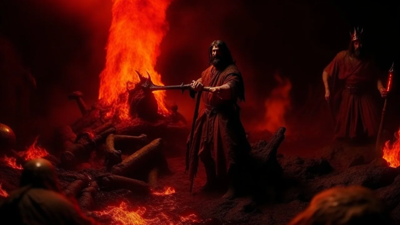 Highly detailed medium shot of Jesus Christ shoot Satan with a shotgun in hell, red, blood, demons, lava, fire, darkness, landscape