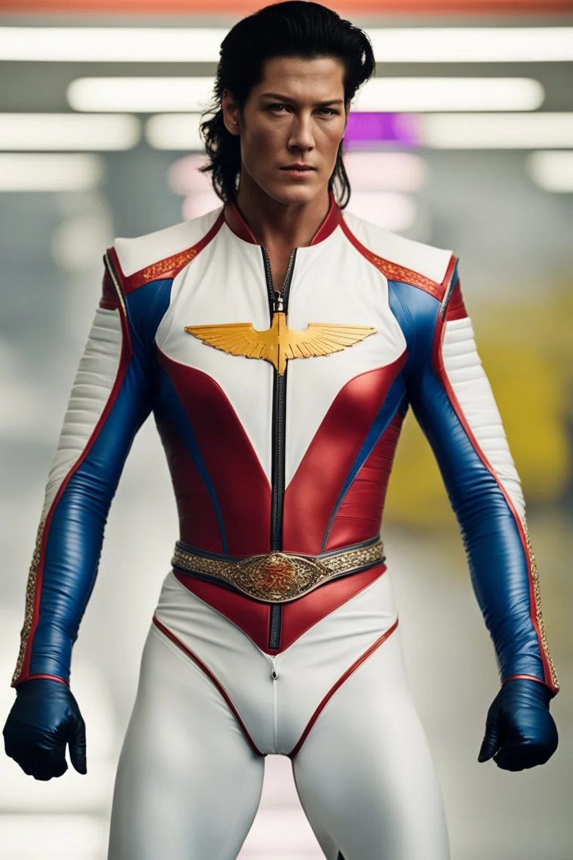 20-year-old girl, extremely muscular, short, buzz-cut, pitch black hair, Paul Stanley/Elvis Presley/Keanu Reeves/Pierce Brosnan/Jon Bernthal/Sean Bean/Dolph Lundgren/Patrick Swayze/ hybrid, as the extremely muscular Superhero "SUPERSONIC" in an original patriotic red, white and blue, "Supersonic" suit with an America Flag Cape,