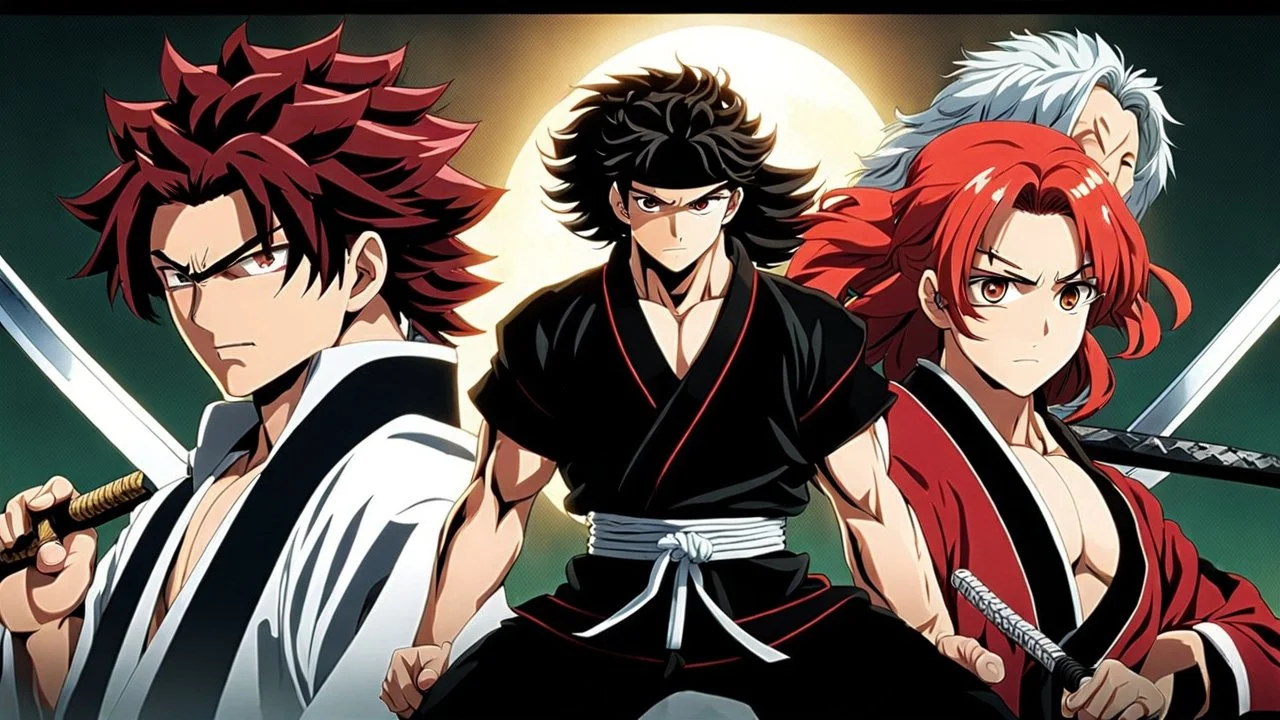 yujiro hanma vs yoriichi tsugukuni, baki vs kimetsu no yaiba, two mans standing in front of each other, a big strong man in black shirt with red hair and evil grin in martial art's stance facing a smaller feminine swordsman with long hair and calm face reaching for his sword in traditional japanese clothes both preparing to fight each other