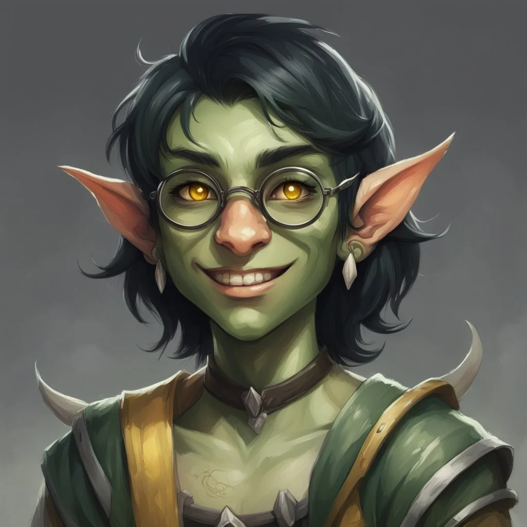 dnd, portrait of cute young orc-elf hybrid femboy, black hair, short hair, curled hair, hair covering one eye, emo hair, round glasses, tusks, sharp teeth, yellow eyes, flat chest, mage, magic, nose ring, pierced ears, twink, smile, sharp teeth, all green skin, round face, small nose, shy, green ears, green lips, green nose