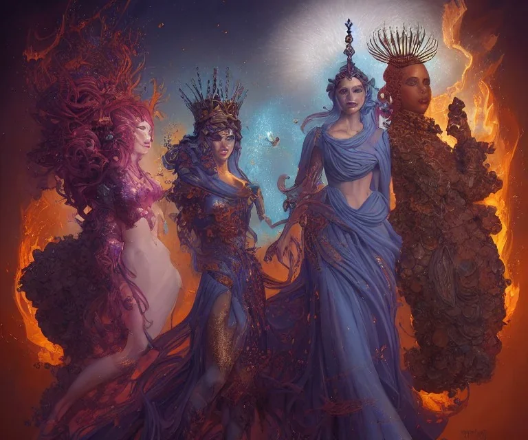 Four doll divine representing each one the four elements: Fire: Earth: Air: Water. Mark Brooks and Dan Mumford, comic book art, perfect, smooth elemental galactic space core royalty queens crown. Detailed photograph, WLOP, Unreal Engine 5 volumetric lighting Insanely intricate face hair lashes hyper detailed painting by Ismail Inceoglu Huang Guangjian and Dan Witz Central fantasy art album cover art resolution HD