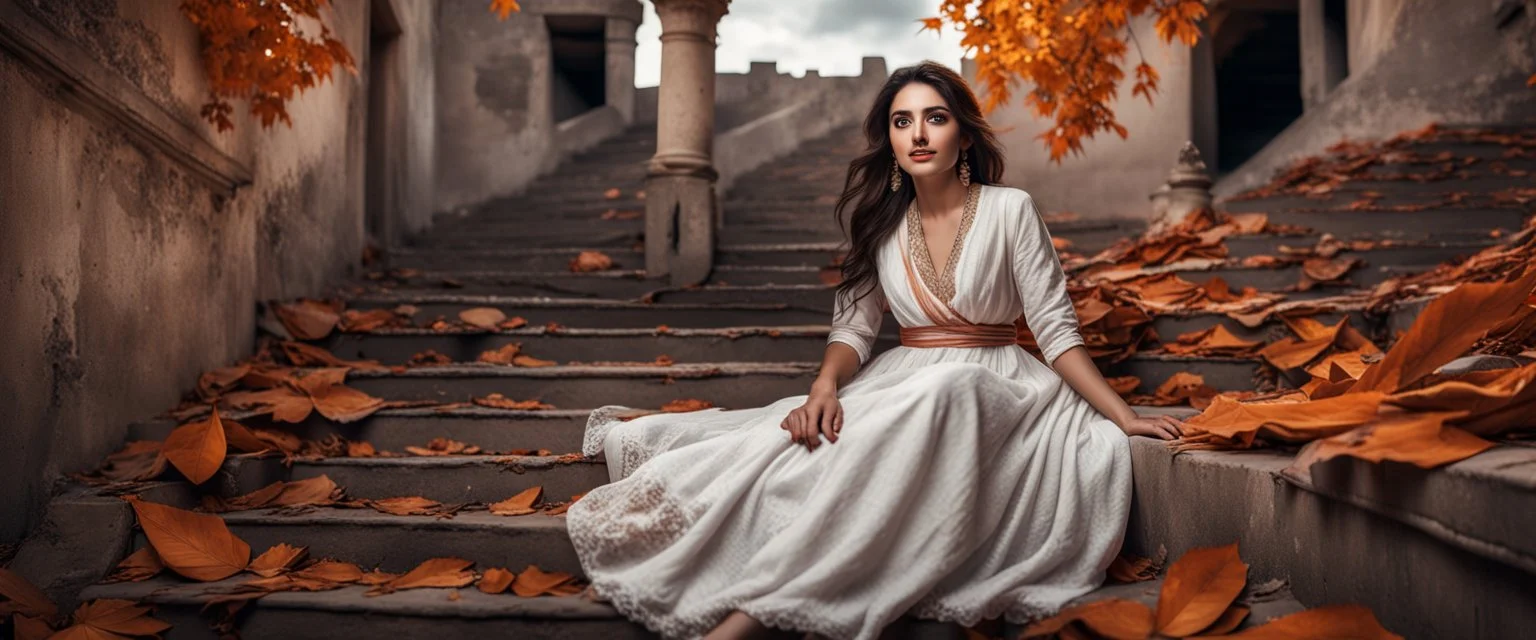 Hyper Realistic Photographic-zoomed-face-view Of a Beautiful Pashto Woman with Beautiful Eyes in White Dress Smiling & sitting alone on the Wide-angle-Beautiful-Staircase Of A Huge-Abandoned-Dark-&-Detailed-Crafted-Fort In An Autumn Season with dried Orange Leaves on the land with cloudy-moonlight dark night showing dramatic & cinematic ambiance.