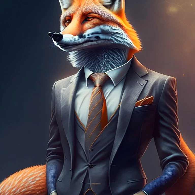 Illustrative sketch of a image of an humanoid fox, suit and tie, arte lineal ultra quality, 8k