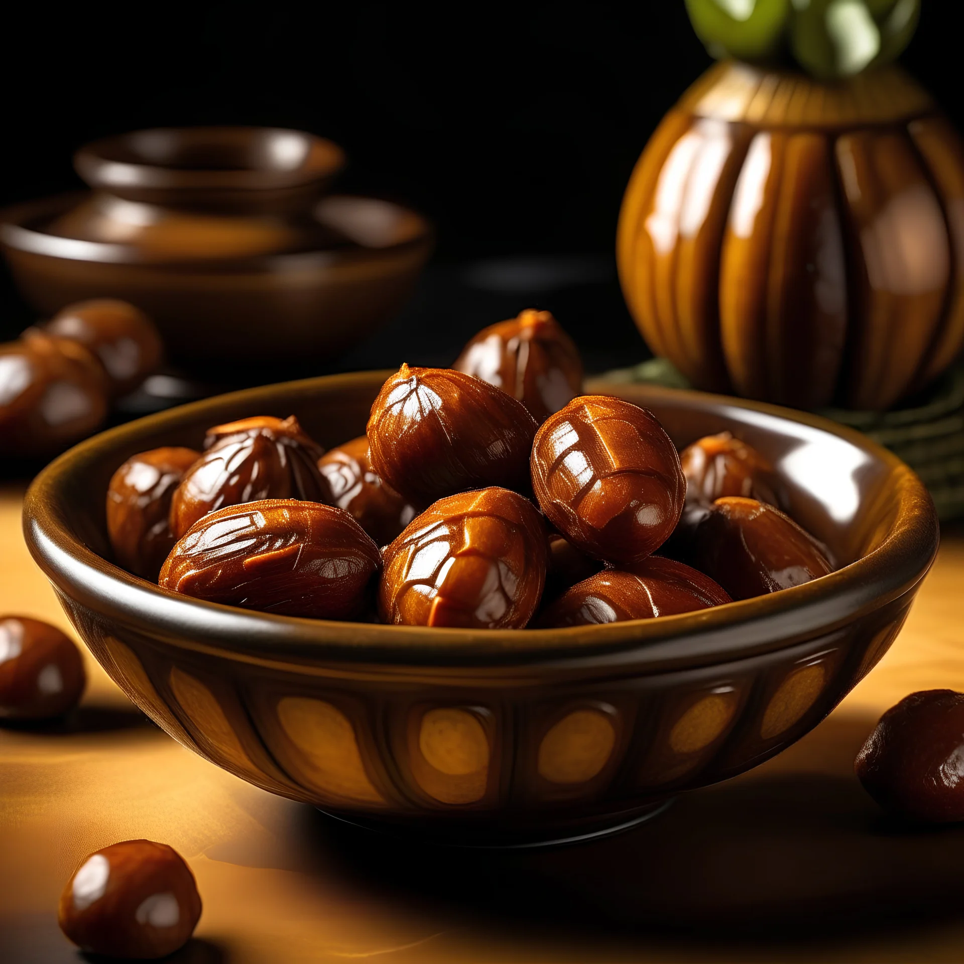 Luxurious, shiny dates in an earthenware dish