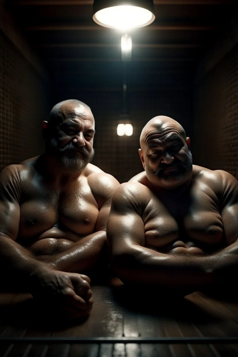 full body shot photography, two muscular chubby ugly burly marocan men , sweat, bulge, masculine hairy 54 year old man, bald, currly beard ,big shoulders, big arms, big legs, bulge,, ambient occlusion , lying down sleeping in a steamy Sauna, super high resolution, 8k, dim light, side light, ultra hyper realistic, frontal view