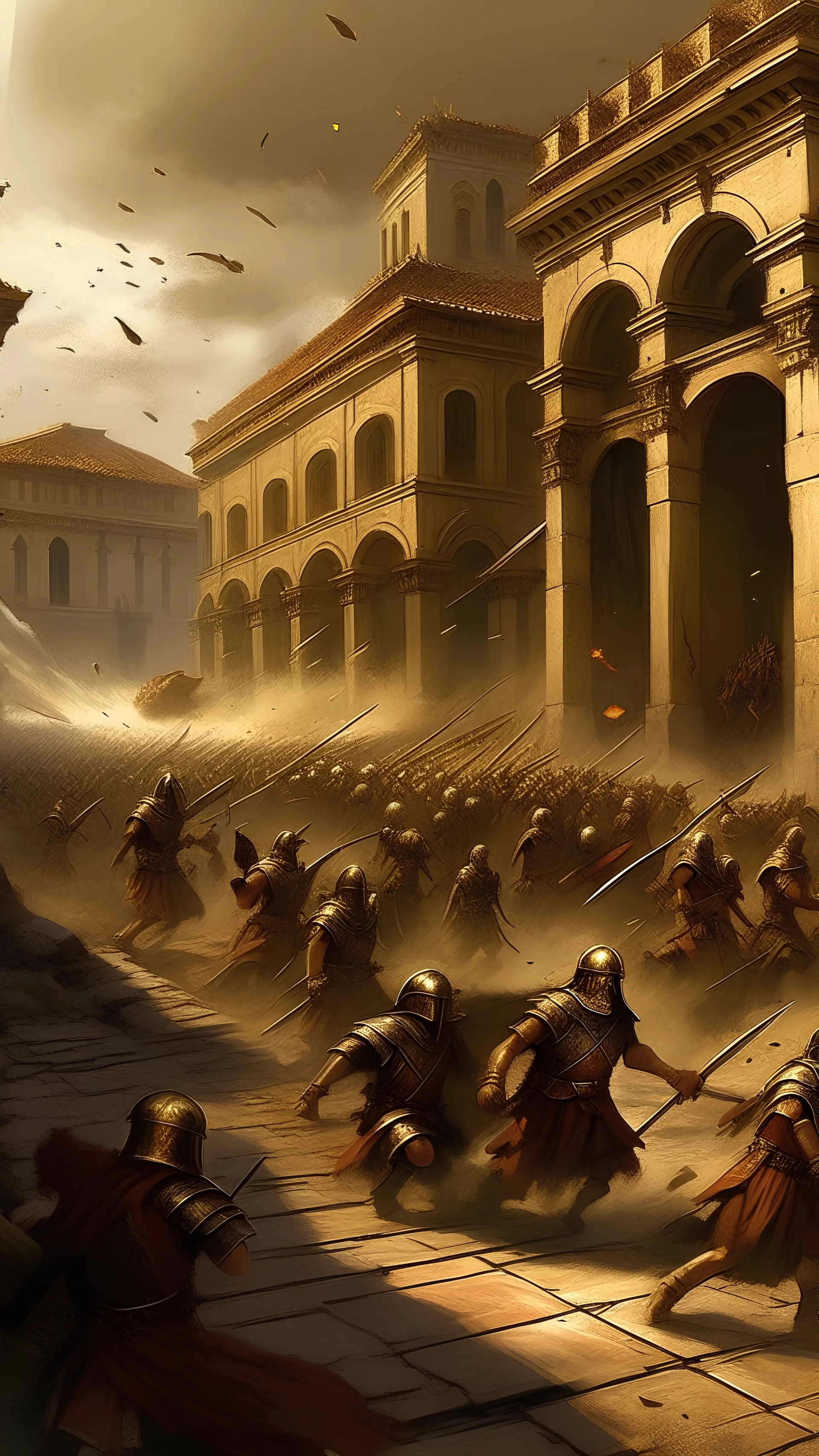 "Illustrate a gripping scene within a Roman town under siege, as confusion and panic sweep through the citizens in the face of a barbarian invasion. Capture the chaos in the streets with frantic residents attempting to escape the impending danger. Show the distinct Roman architecture in disarray, with the sounds of war echoing against once-proud structures. Depict a variety of emotions on the faces of citizens – fear, desperation, and confusion – as they navigate the tumultuous scene.