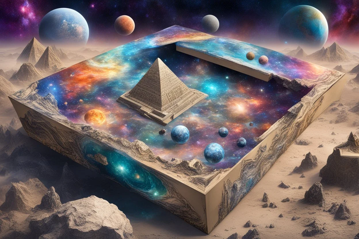 hyperrealistic, 4k, box for storing things with beautiful drawings a lot of colours, very detailed, angels, minerals, planets space, galaxies, pyramids on a planet