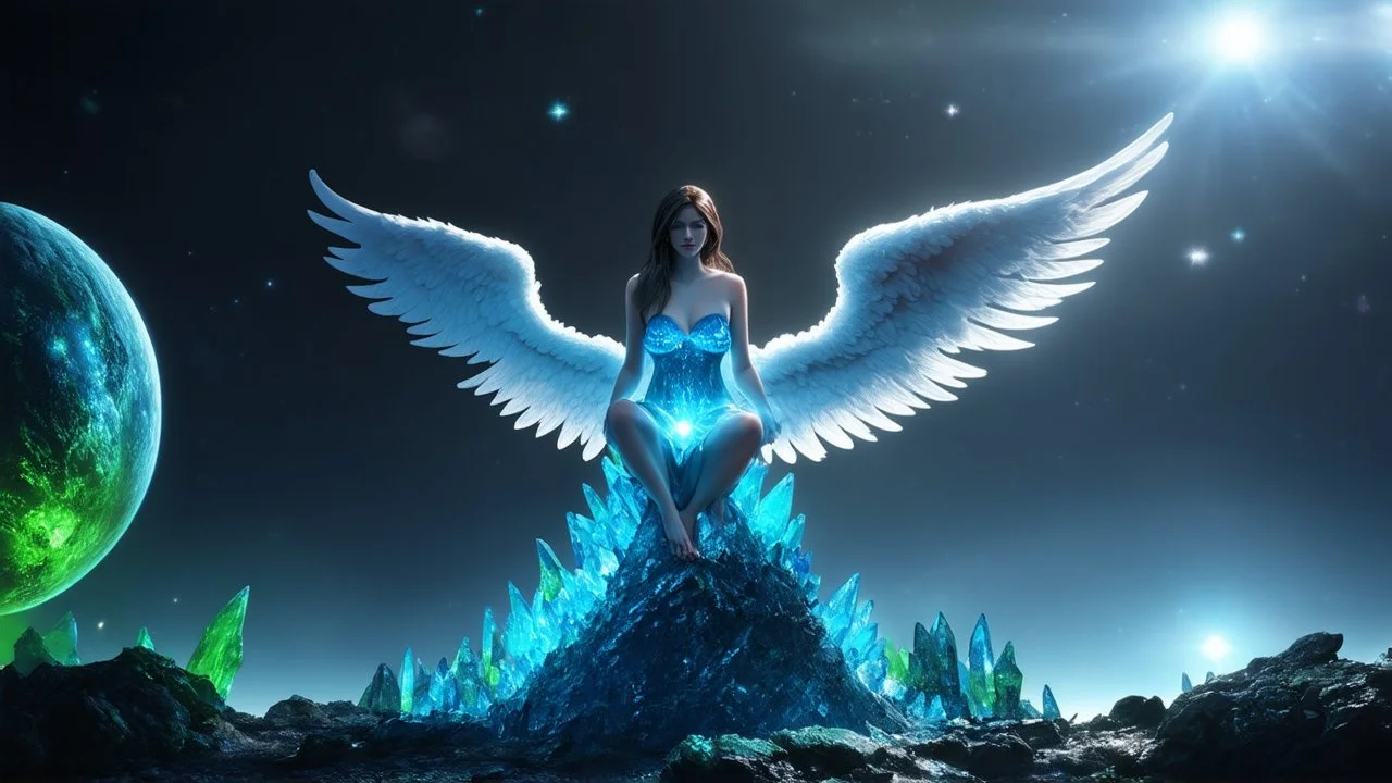 angel with a wings siting on the blue monolith made of blue tiberium crystals of lights, matrix universe, planets on the back grounds, green crystals of tiberium on the life and right