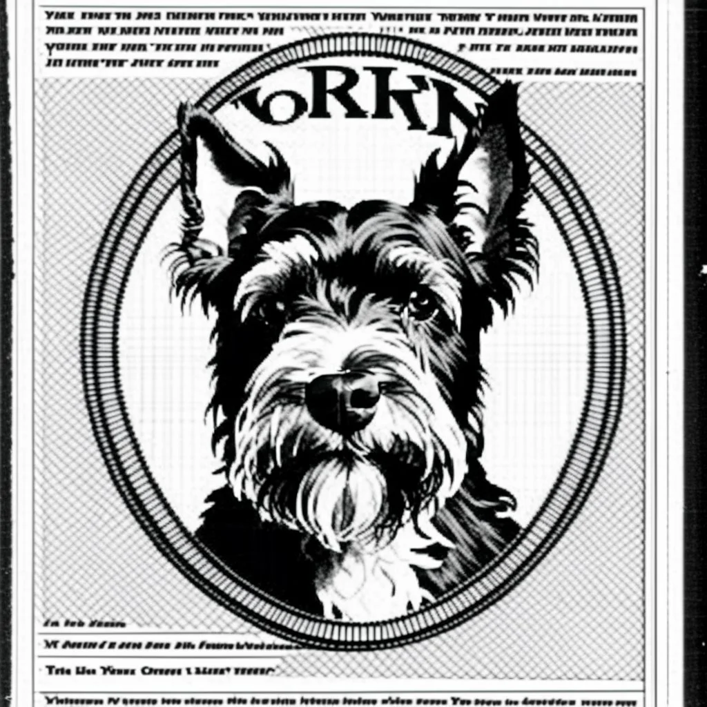 circle containing a black and white image of a terrier