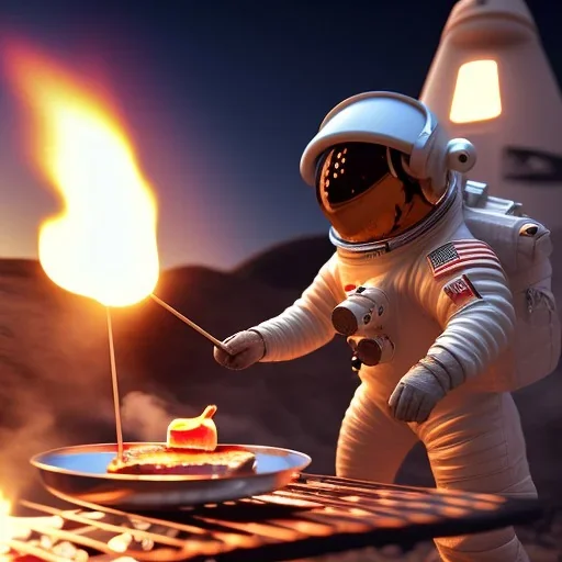 astronaut cooking marshmallows on barbecue from mars unreal engine 5, octan render