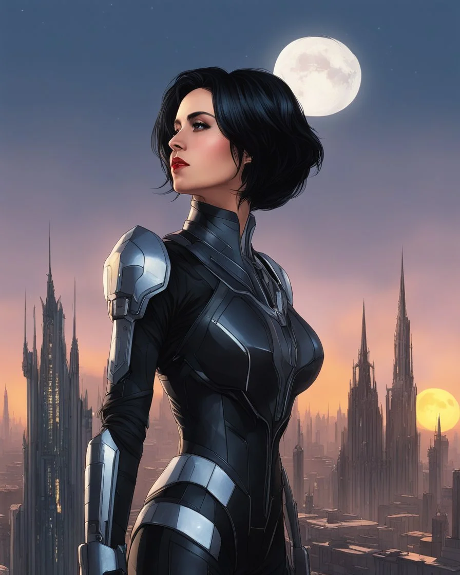 A slim Woman With Black Hair, Wearing an android-looking suit, standing sideways On a ledge of a building, with a waning moon Behind Her Head, towering spires and buildings highlighted by the setting sun