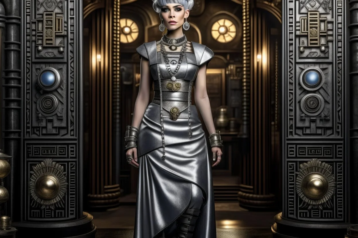 Creation: full body and headshot of a skinny Cleopatra, with a silver bob hairstyle, standing in a steampunk setting.