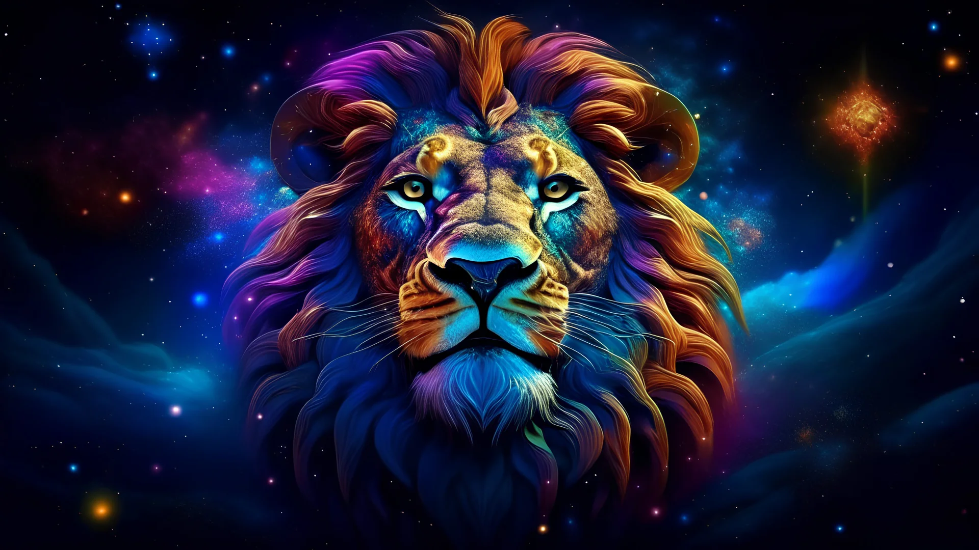 a full magical dmt lion in space. nebula , Flying Petals, Sparks, Lightning, Portrait Photography, Fantasy Background, Intricate Patterns, Luminous, Radiance, Ultra Realism, Intricate Details, High Quality, Studio Photo, Intricate Details, heart designs. colorful