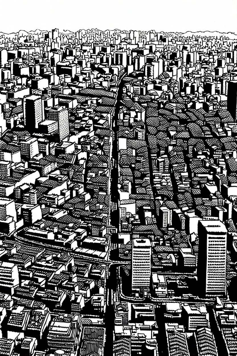 Tokyo city view from very above. top view, manga style, black and white