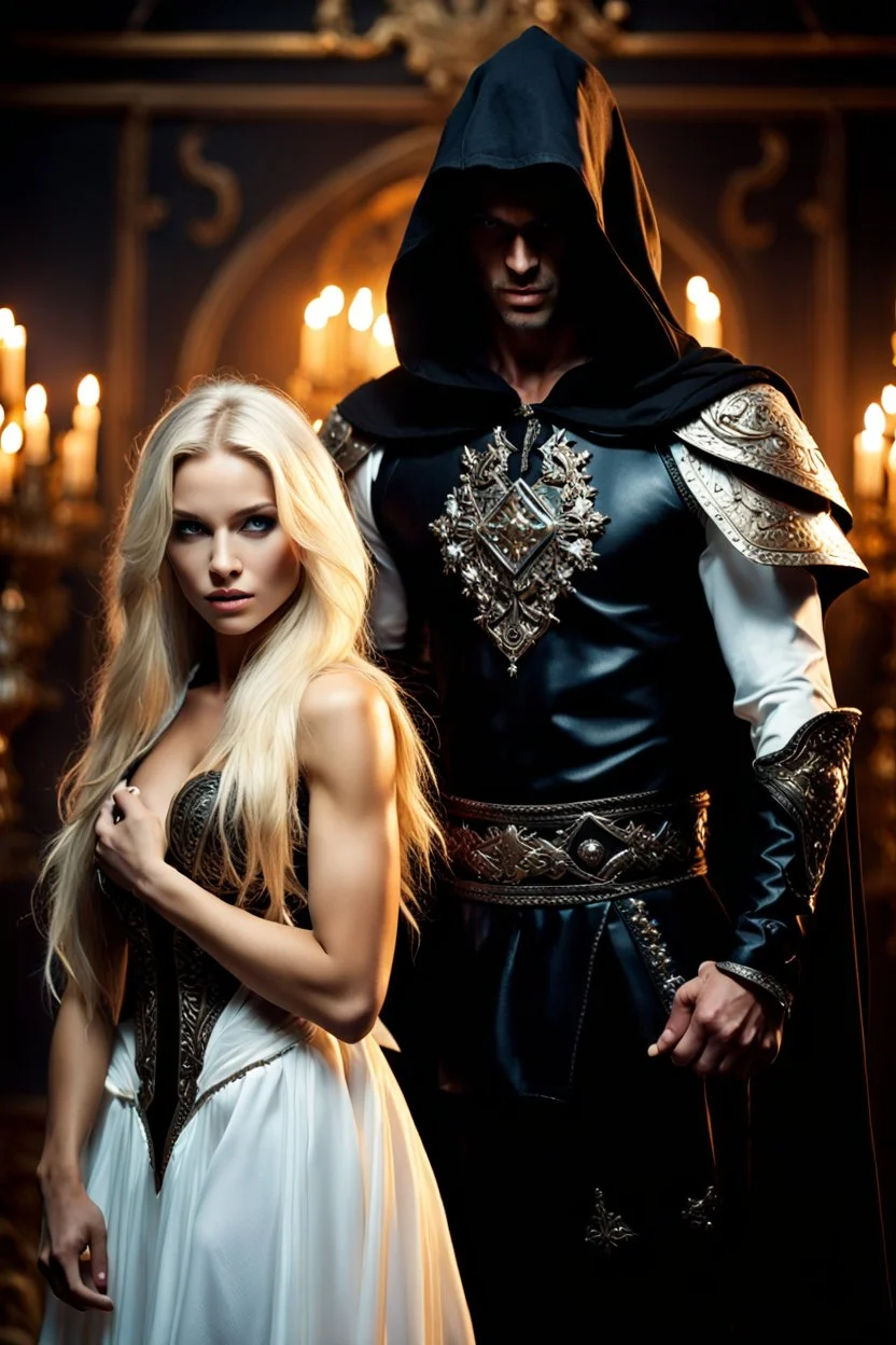 image of a handsome and muscular warrior wearing a black hooded cape with silver symbols. holding a beautiful delicate sweet young woman wearing an oversized white shirt with long blonde hair, close up shot, romantic, fine details, high resolution, 4k, photorealistic. Expensive antique furniture in the background