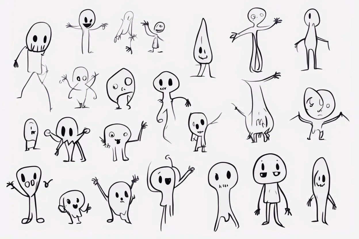 make a bunch of simple hand-drawn spooky and cute cartoon characters with bodies arms, and legs I could draw and make them all different