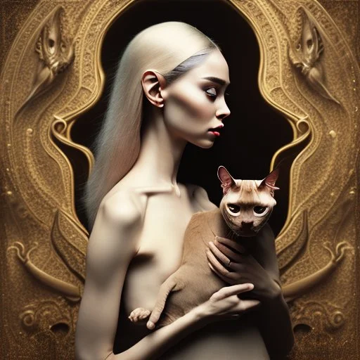 Single image: A Very Beautiful pretty dreamy Lady holding elegant Sphynx-like Siamese cat in eerie beautiful landscape art by Anka Zhuravleva, Sandy Welch, Jane Small, Aliza Razell, Eduard Veith, Joel Robison, Mikhail Vrubel, Ferdinand Hodler, Christoffer Relander, William Timlin, Charles Rennie Mackintosh, John Lowrie Morrison, Sidney Nolan. 3/4 Headshot, Volumetric lighting, 3d, mixed media, Best quality, crisp quality