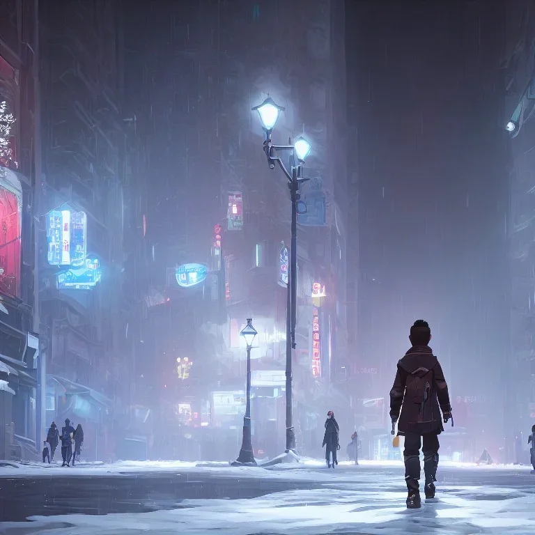 behind photo A young boy walking streets in tokyo, Christmas night, snow, post apocalyptic, destruct