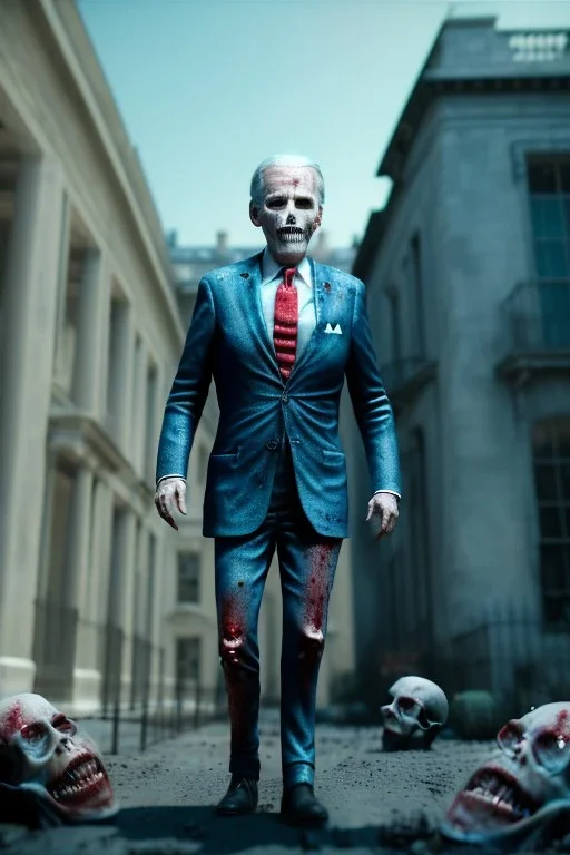 Ultra realistic image, joe biden zombie, zombie performance, suit, skull, blood, torn arm, night, walking twisted, waist up view, thriller style, dark ambient, highly detailed, White House background, concept art, unreal engine 5, ray tracing, RTX, ultra detail, volumetric lighting, high definition, high resolution.