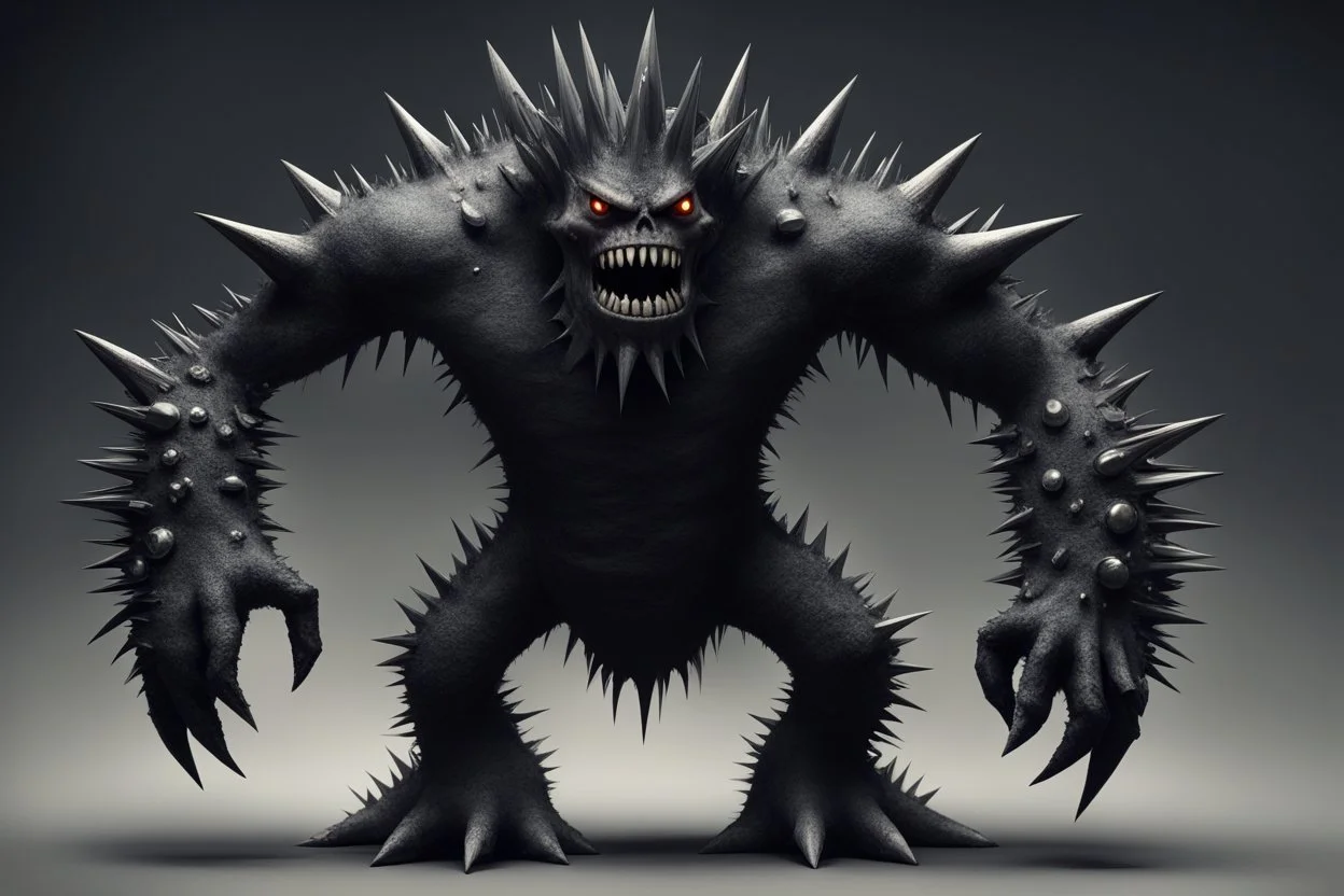 Он шокирующе высокий угольный монстр с акцентами из зазубренных хрустальных шипов, которые обрамляют его спину, руки и голову. У него острые как бритва зубы с шипами.