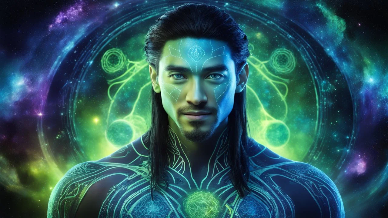 beautiful gorgeous young man na'vi with long hair, Avatar, blue skin, two small ears, green eyes, black hair, in cosmic suit, galactic ambiance, medium pointy goatee , smiling, nebulas and sacred geometry light figures on the backgroud,