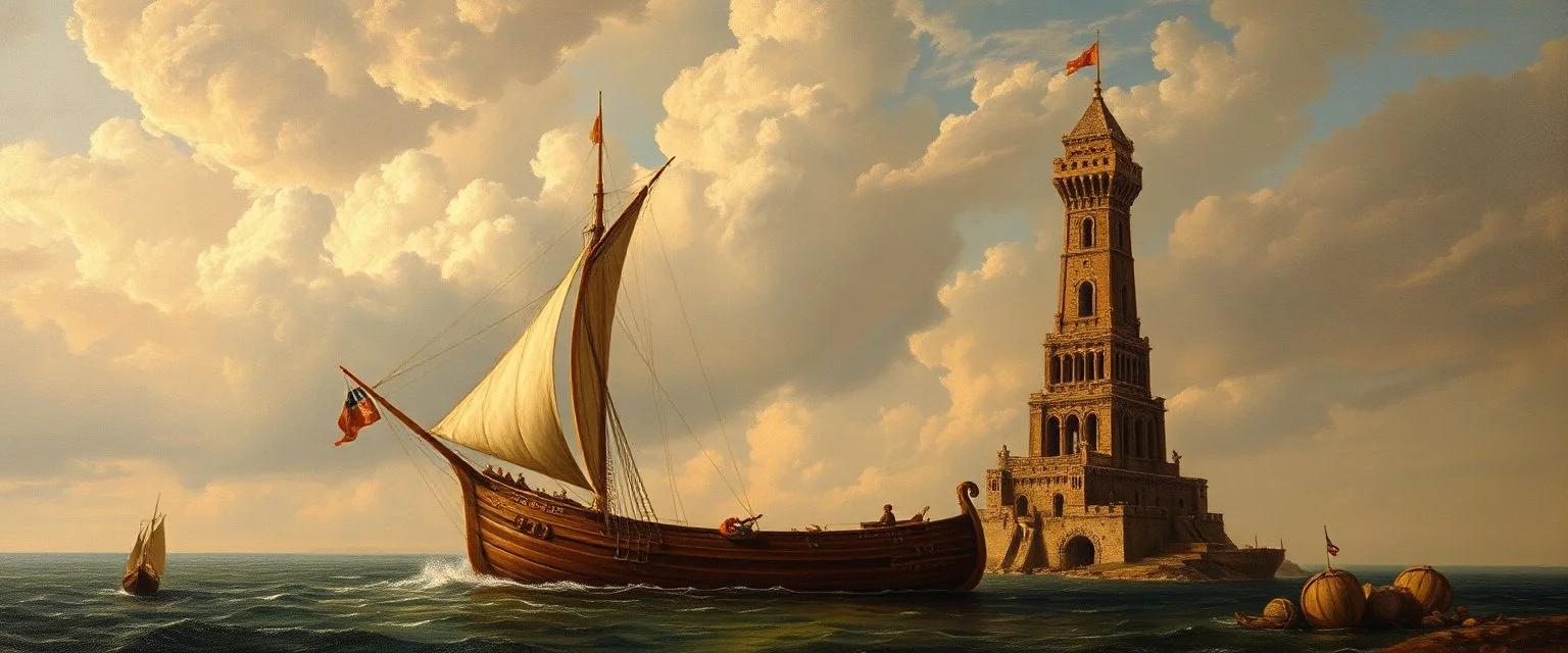 master oil painting by Rembrandt, a boat that looks like the ark and the tower of babel