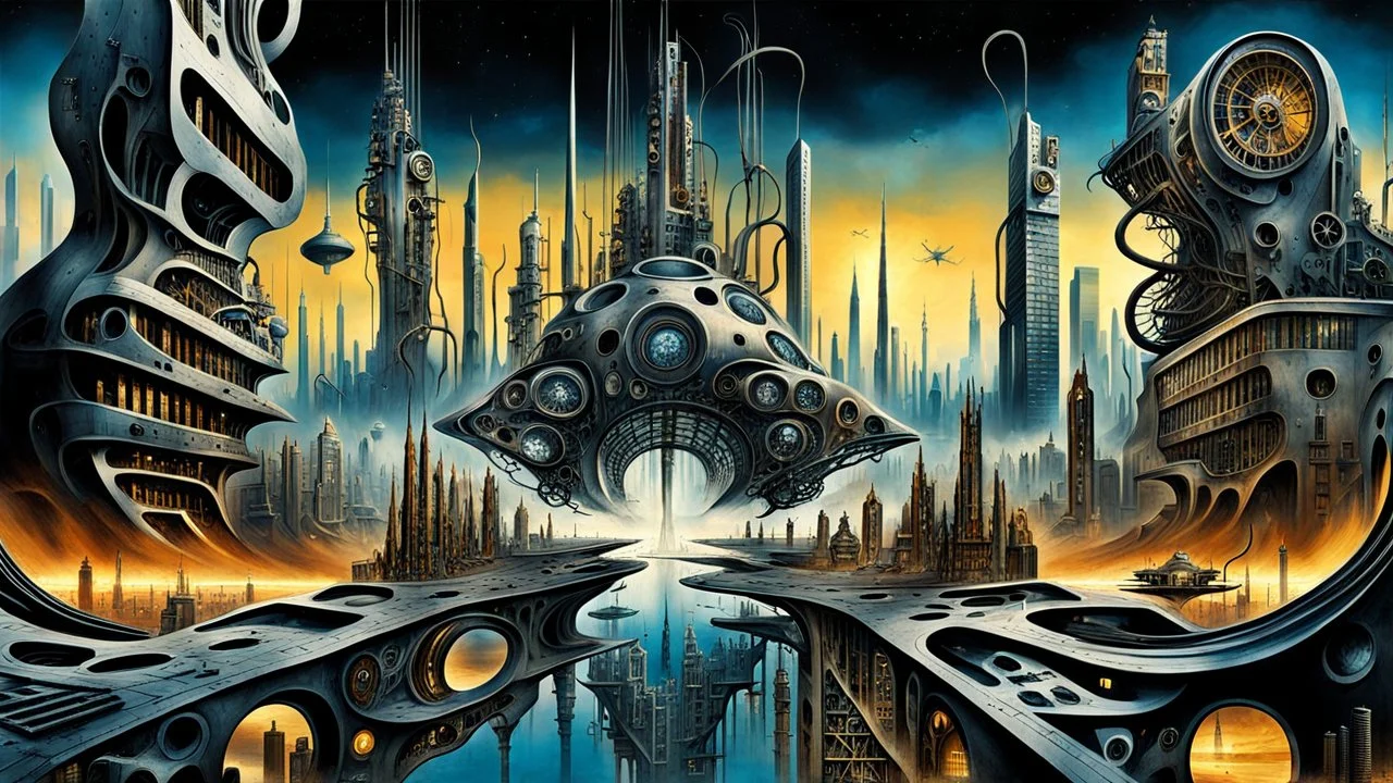 a stunningly weird image of a futuristic metropolis using Salvador Dali's paranoiac-critical method, where buildings and structures appear to melt into the skyline cityscape is filled with floating mad, twisted sharp metal shapes that interact with the buildings and each other, forming a surreal tableau of a dreamlike reality. neu-steampunk vibe, essence of the scene in a cinematic manner, with dramatic shadows that enhance the distorted perspectives and bizarre