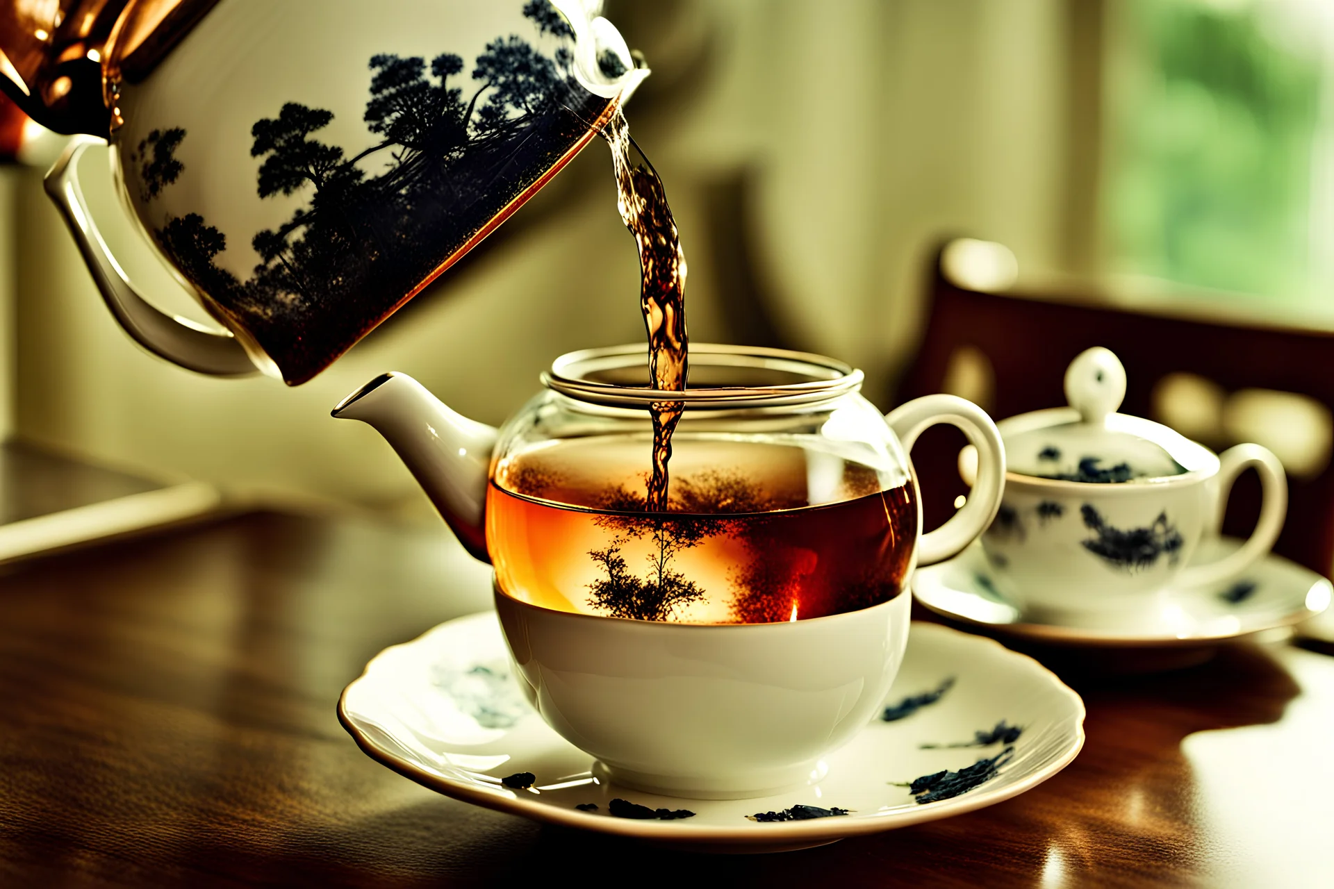 photograph taken (from) an inside perspective (within) a teapot, just above the surface of the tea, with like coming in through the top