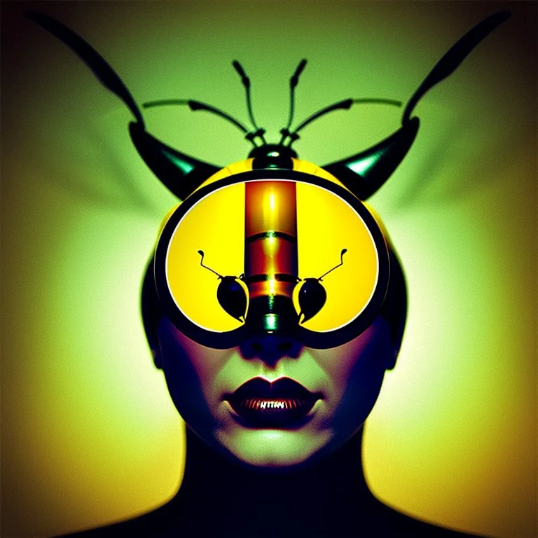 the silent bee head stylized with glasses, bizarre,surreal,