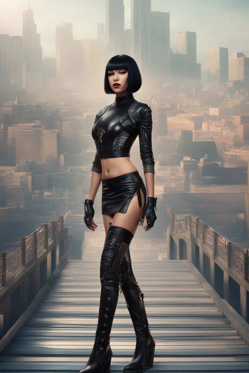 full-body-art of a woman with a bob with a fringe hairstyle, Cleopatra clothing, black knee-high boots, cyberpunk city background