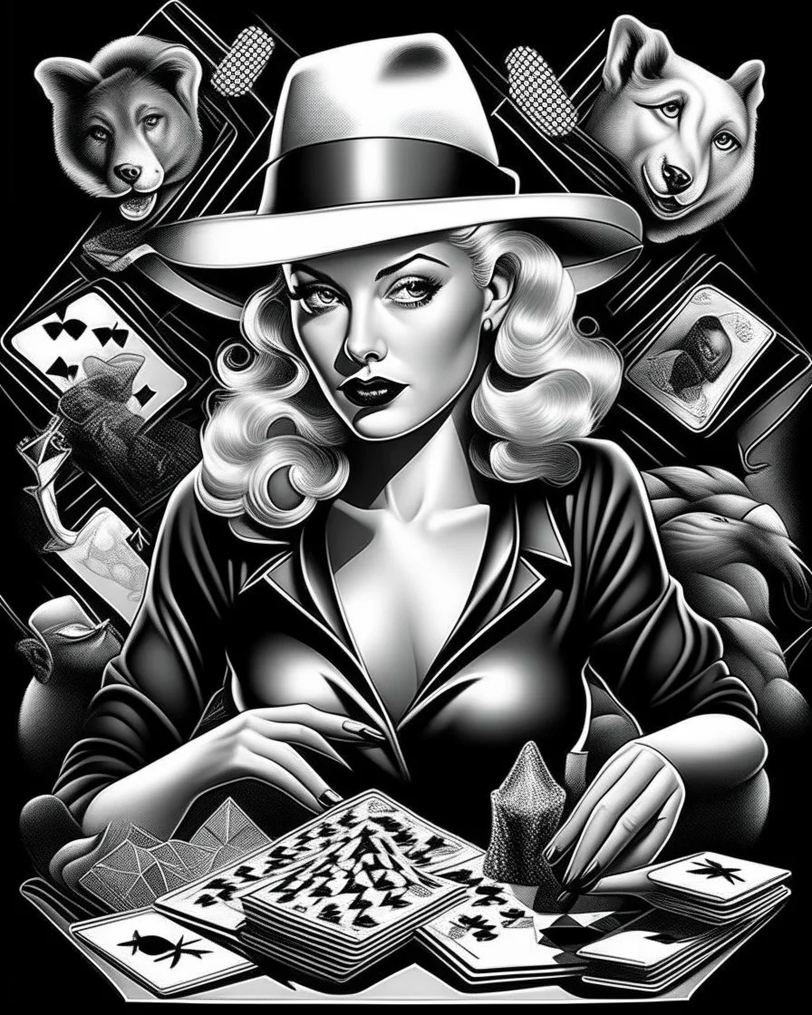 awesome mc escher illustration black and white style beautiful woman marilyn monroe playing poker smoking hip hop gangster hat chasing dragon, (illustration: 1.3), masterpiece, awesome illustration