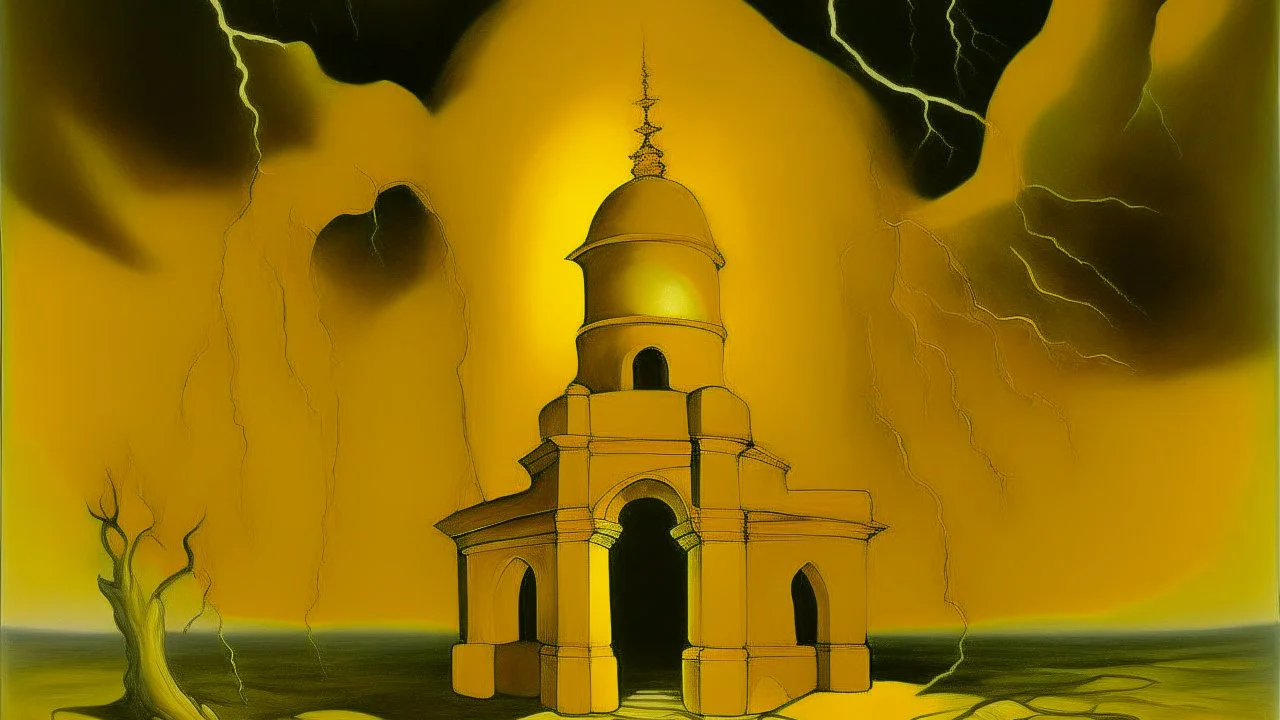 A temple with light yellow lightning painted by Salvador Dali