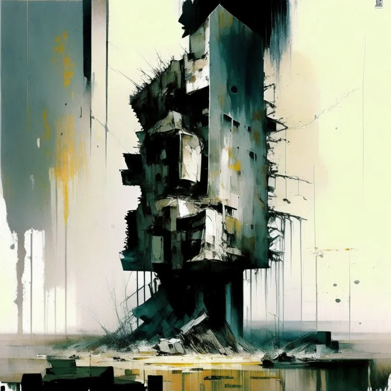 A abstract minimalist painting of Lebbeus Woods brutalist concrete bunker tower architecture. Breaking apart. In a desolate landscape. In the style of by Ashley Wood and Justin Mortimer. Large oil brushstrokes