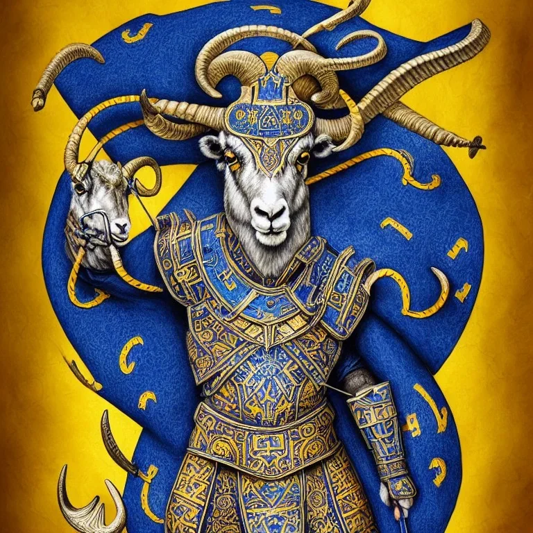 Book of Kells carpet page in blue and yellow colors, picture of a bighorn ram in armor and holding a football, a highly detailed illustration, realistic render, 8 k, micro detail, intricate, elegant, centered, digital painting, Artstation, smooth, sharp focus, illustration, artgerm