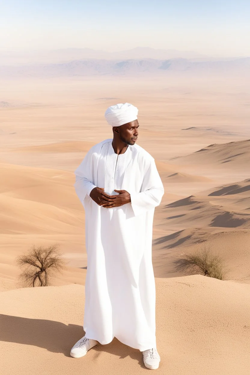 african man wearing white thobe. standing on high mountain looking out to the desert