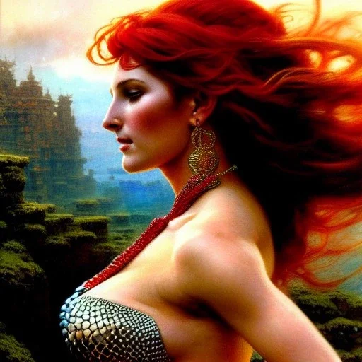 Drawing of beautiful face,'beautiful ,Busty Red Sonja',intense stare, ancient skintight armor, balanciaga fashion clothe painting by gaston bussiere, greg rutkowski, yoji shinkawa, yoshitaka amano, tsutomu nihei, donato giancola, tim hildebrandt, Oil on canvas, cinematic composition, extreme detail,fit full head inside picture,16k