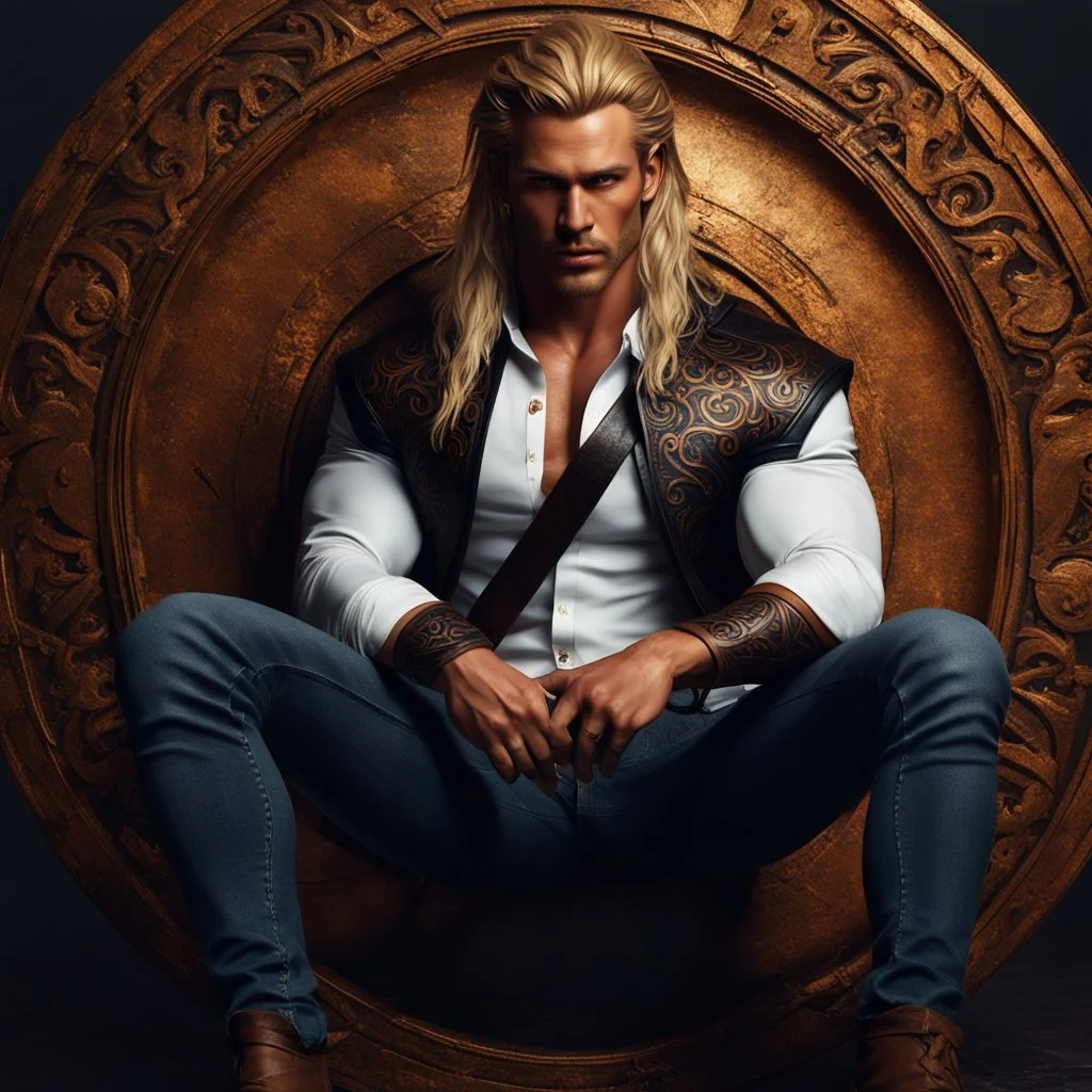 Very handsome warrior king, muscular, long blonde hair, male age 30, wearing jeans and a white button-up shirt, tan skin, tattoos, photorealistic 4k dark fantasy