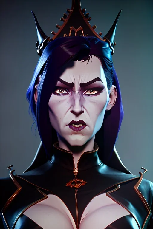 Jennifer Cooldge as evil queen in black leather, leather, busty, cleavage, angry, stern look. character design by cory loftis, fenghua zhong, ryohei hase, ismail inceoglu and ruan jia. unreal engine 5, artistic lighting, highly detailed, photorealistic, fantasy