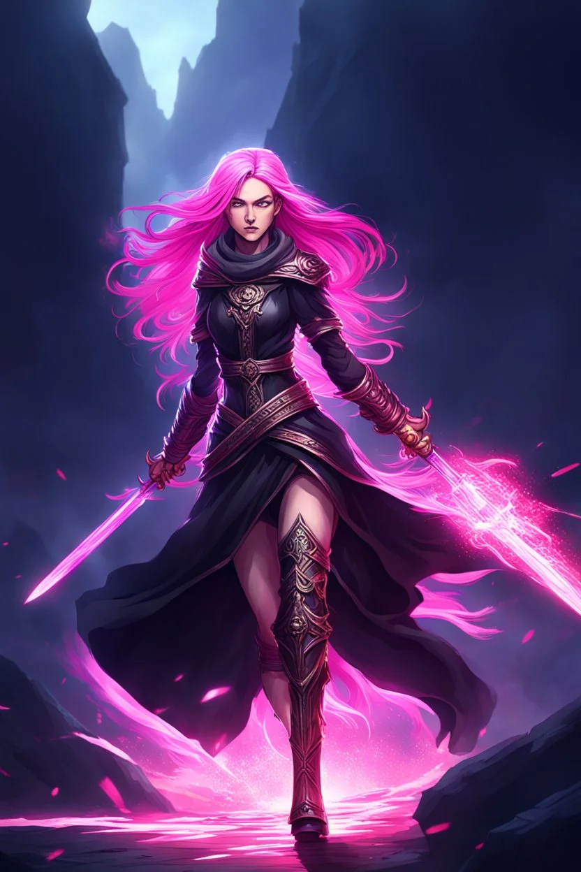 A exalted female archmage, her black robes and long pink hair shining in the light, her greatsword held firmly in her hands as she strides forward, her red eyes blazing with a fierce intensity, levitating above enemys , dodging enemy fire, 4K,