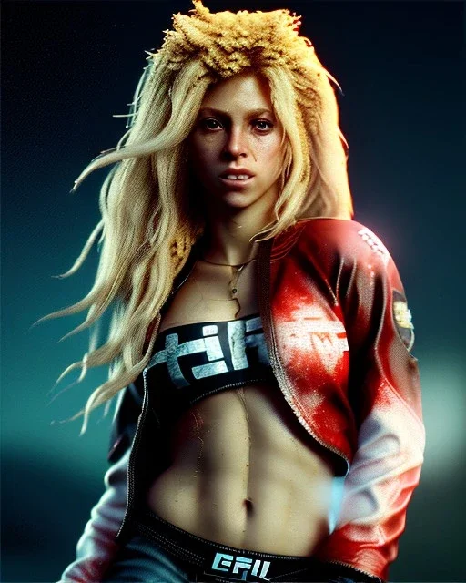 portrait, Shakira, blonde artist, angry, Realistic image, MMA robe, hoodie, mma gloves, band aid, loose long hair, eyes make up, line gold make up, glow, circle iris. Rain, fog, Neon colors, leds. Dark background, photo studio, concept art, smooth, unreal engine 5, god lights, ray tracing, RTX, lumen lighting, ultra detail, volumetric lighting, 3d, finely drawn, high definition, 4k.
