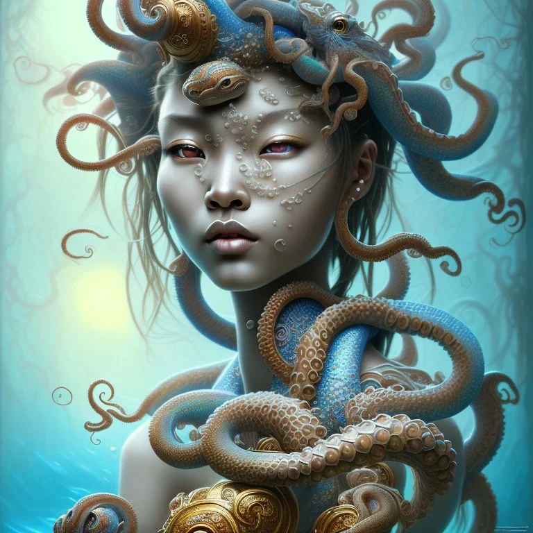 Sango fantasy, fantasy magic, intricate, sharp focus, illustration, highly detailed, digital painting, concept art, matte, art germ and Paul Lewin and Kehinde Wiley, masterpiece Japanese dancer head bronze octopus' Asian African girl nice breast Thai hair turquoise silver blue under water