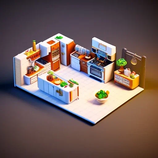 Tiny cute isometric kitchen in a cutaway box, cyberpunk, soft smooth lighting, soft colors, 100mm lens, 3d blender render