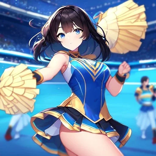 Clear Focus, High resolution, girl wearing a cheerleader outfit, blue eyes, medium hair length, black hair with a gradient of cyan