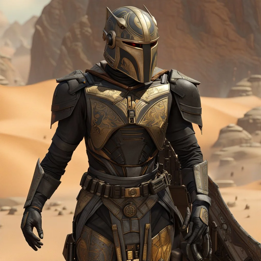 star wars bald male corellian pilot wearing pearlescent black and gunmetal grey First Order special forces heavy assault armor and helmet with gold trim inside the jedi temple, centered portrait, hyperdetailed, dynamic lighting, hyperdetailed background, 8k resolution, volumetric lighting, light skin, fully symmetric details