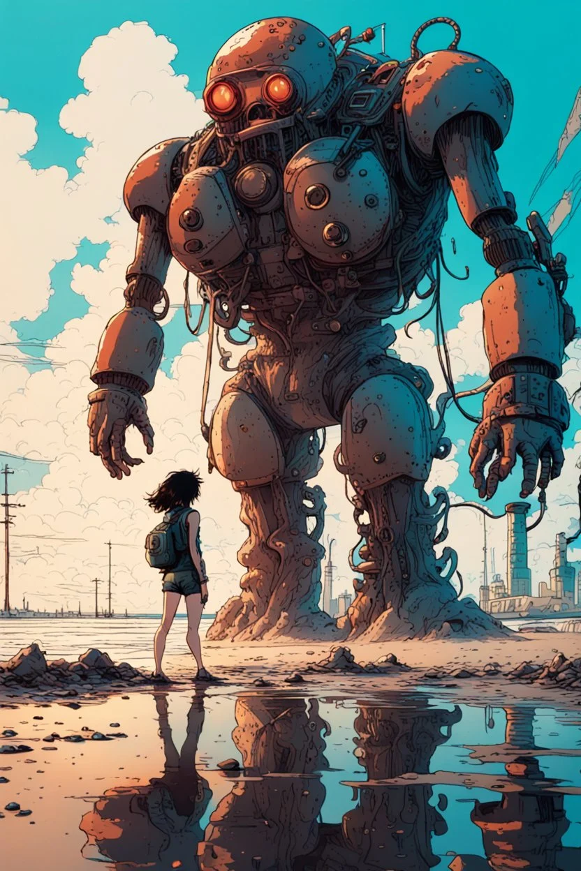 amazing reflections, dynamic, cinematic, dramatic, deep low angle: a giant cyberpunk coffee monster and a cyberpunk girl talks on a polluted littered nuclear beach, front view, close-up, summer vibe, Akira vibe, Katsuhiro Otomo style, bold vivid colors, sharp shadows, black outlines